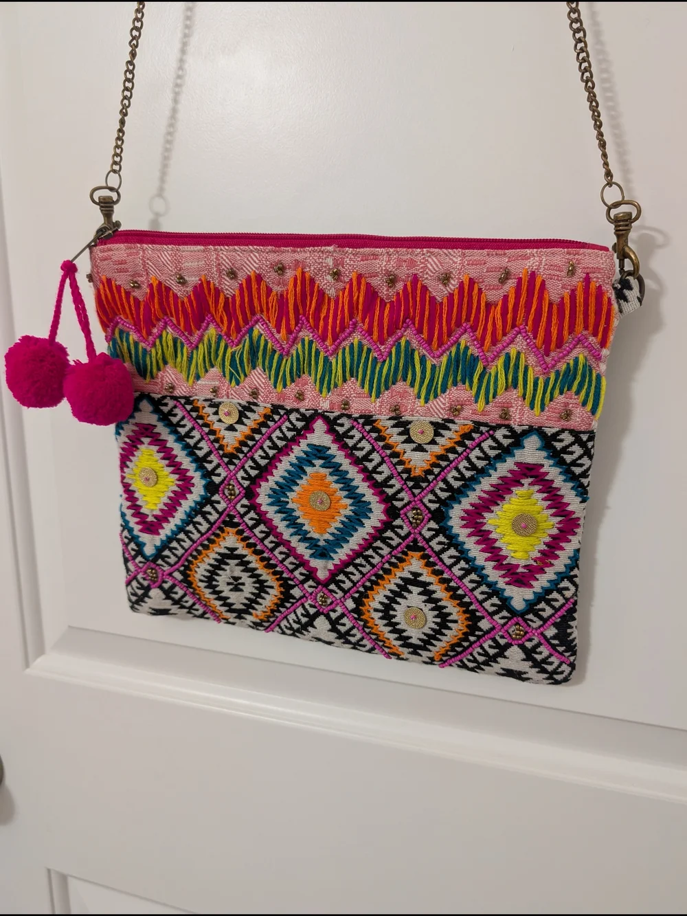 Fabulous MJ New York Boho Embroidered Crossbody Bag Pom Pom Beaded